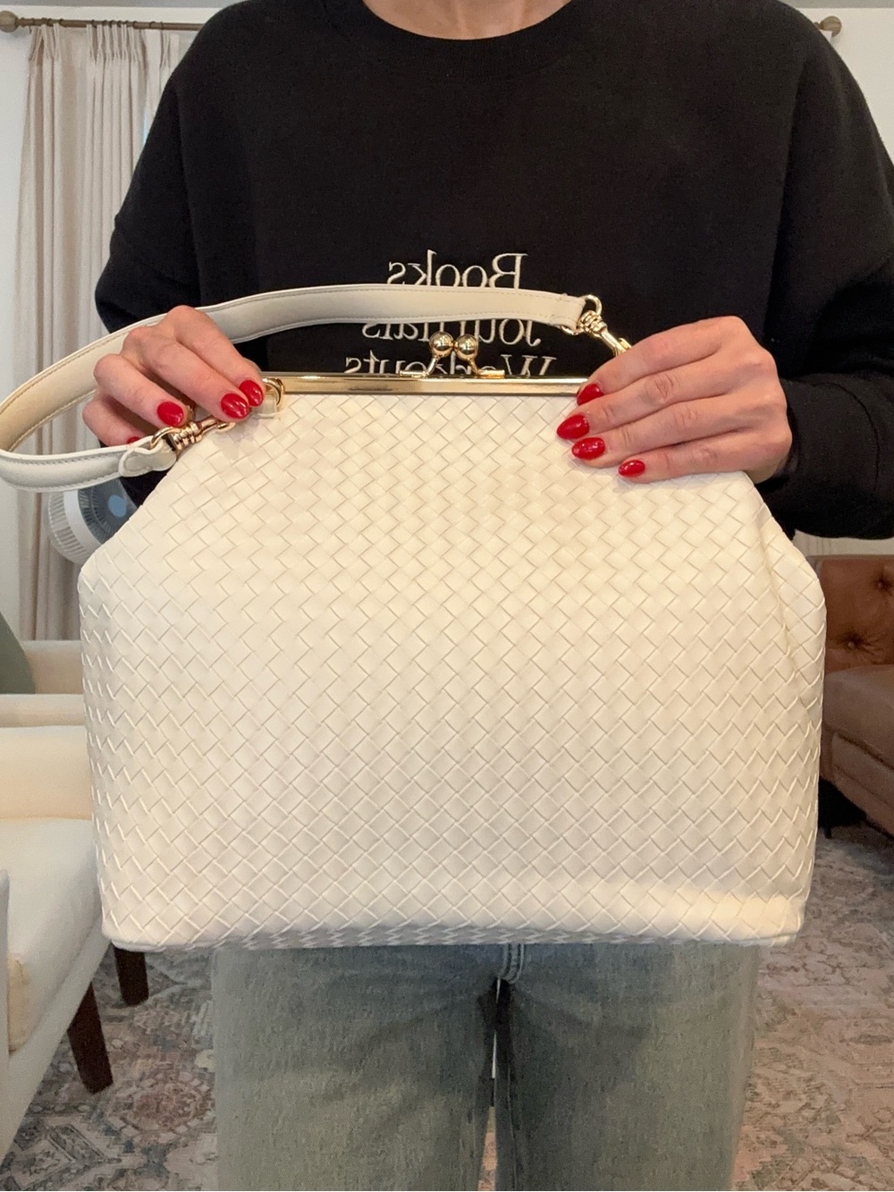 Classic cream tone Woven Frame Top-Handle Bag kiss lock style